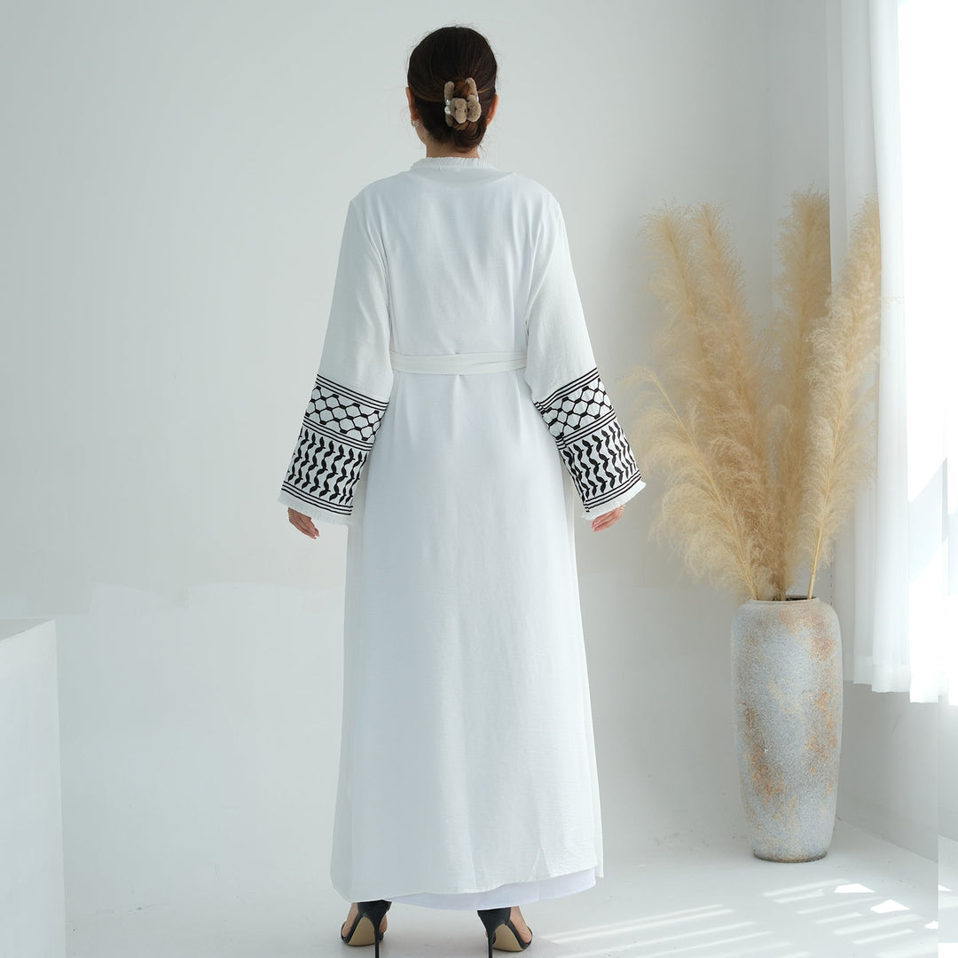 Get trendy with Kufiya Open Abaya Set - White - Cardigan available at Voilee NY. Grab yours for $64.90 today!