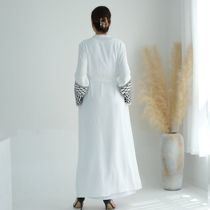 Get trendy with Kufiya Open Abaya Set - White - Cardigan available at Voilee NY. Grab yours for $64.90 today!