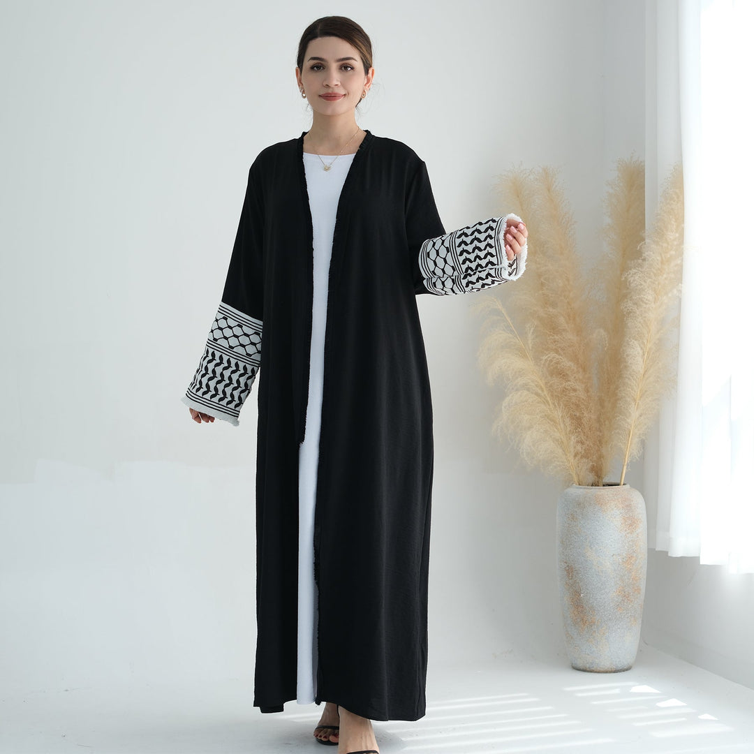 Get trendy with Kufiya Open Abaya Set - Black - Cardigan available at Voilee NY. Grab yours for $64.90 today!