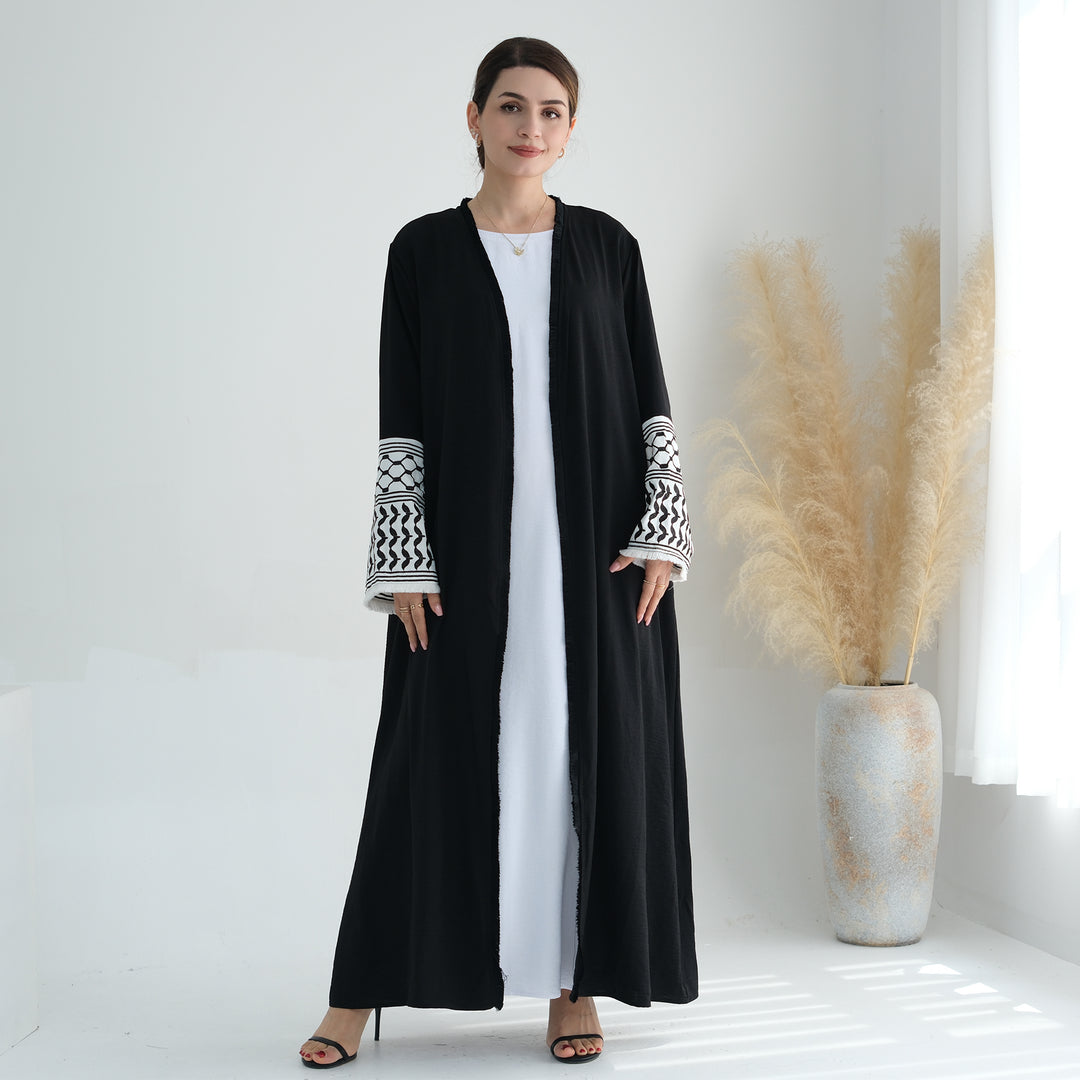 Get trendy with Kufiya Open Abaya Set - Black - Cardigan available at Voilee NY. Grab yours for $64.90 today!