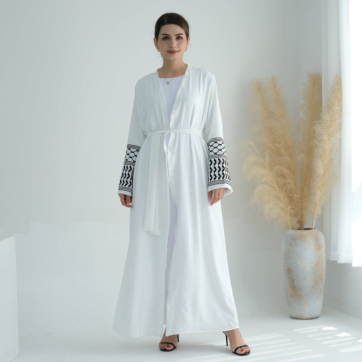 Get trendy with Kufiya Open Abaya Set - White - Cardigan available at Voilee NY. Grab yours for $64.90 today!