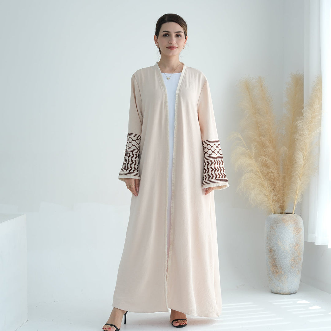 Get trendy with Kufiya Open Abaya Set - Sand - Cardigan available at Voilee NY. Grab yours for $64.90 today!