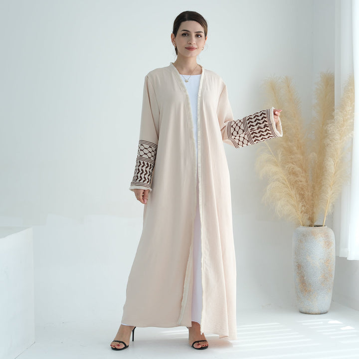 Get trendy with Kufiya Open Abaya Set - Sand - Cardigan available at Voilee NY. Grab yours for $64.90 today!