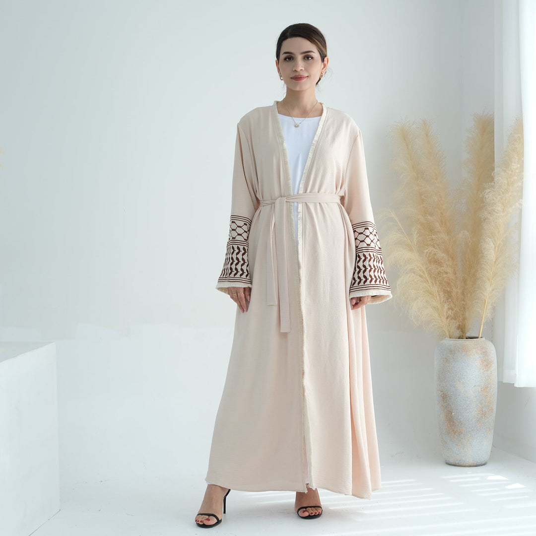 Get trendy with Kufiya Open Abaya Set - Sand - Cardigan available at Voilee NY. Grab yours for $64.90 today!