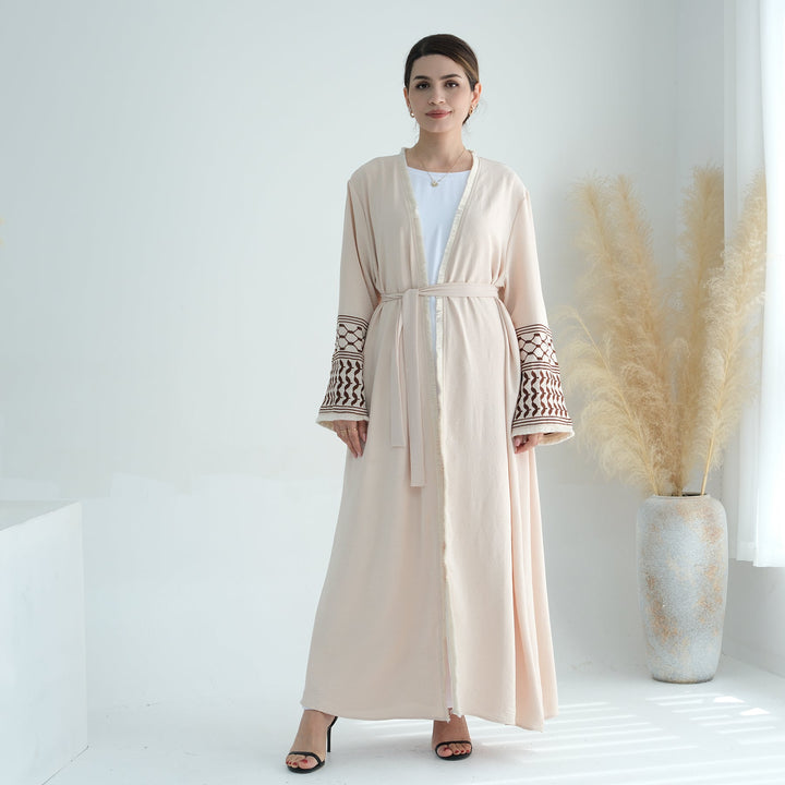 Get trendy with Kufiya Open Abaya Set - Sand - Cardigan available at Voilee NY. Grab yours for $64.90 today!