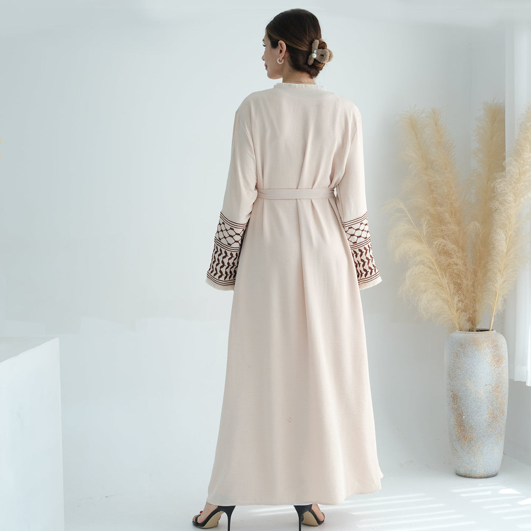 Get trendy with Kufiya Open Abaya Set - Sand - Cardigan available at Voilee NY. Grab yours for $64.90 today!