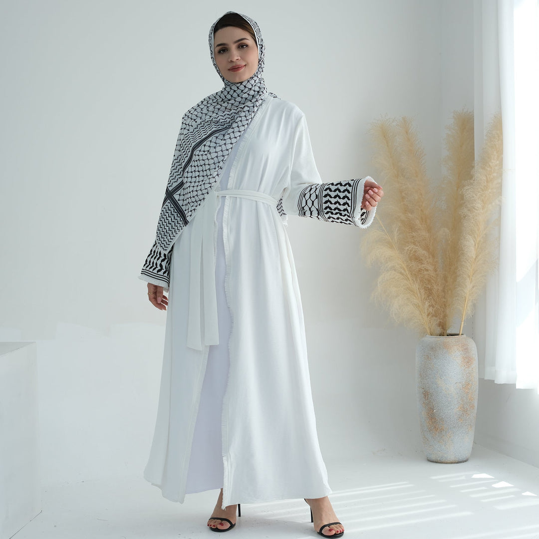 Get trendy with Kufiya Open Abaya Set - White - Cardigan available at Voilee NY. Grab yours for $64.90 today!