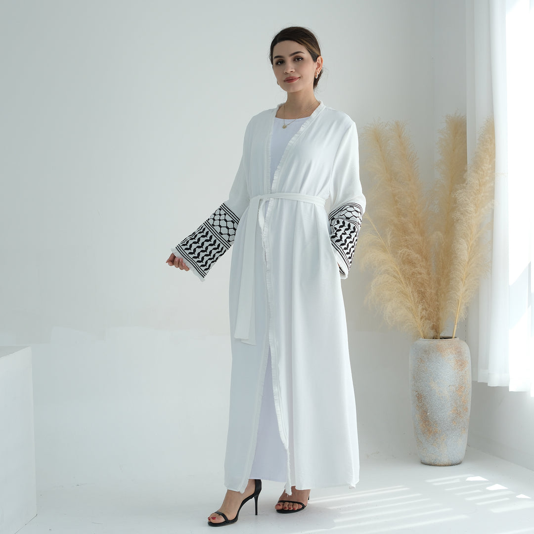 Get trendy with Kufiya Open Abaya Set - White - Cardigan available at Voilee NY. Grab yours for $64.90 today!