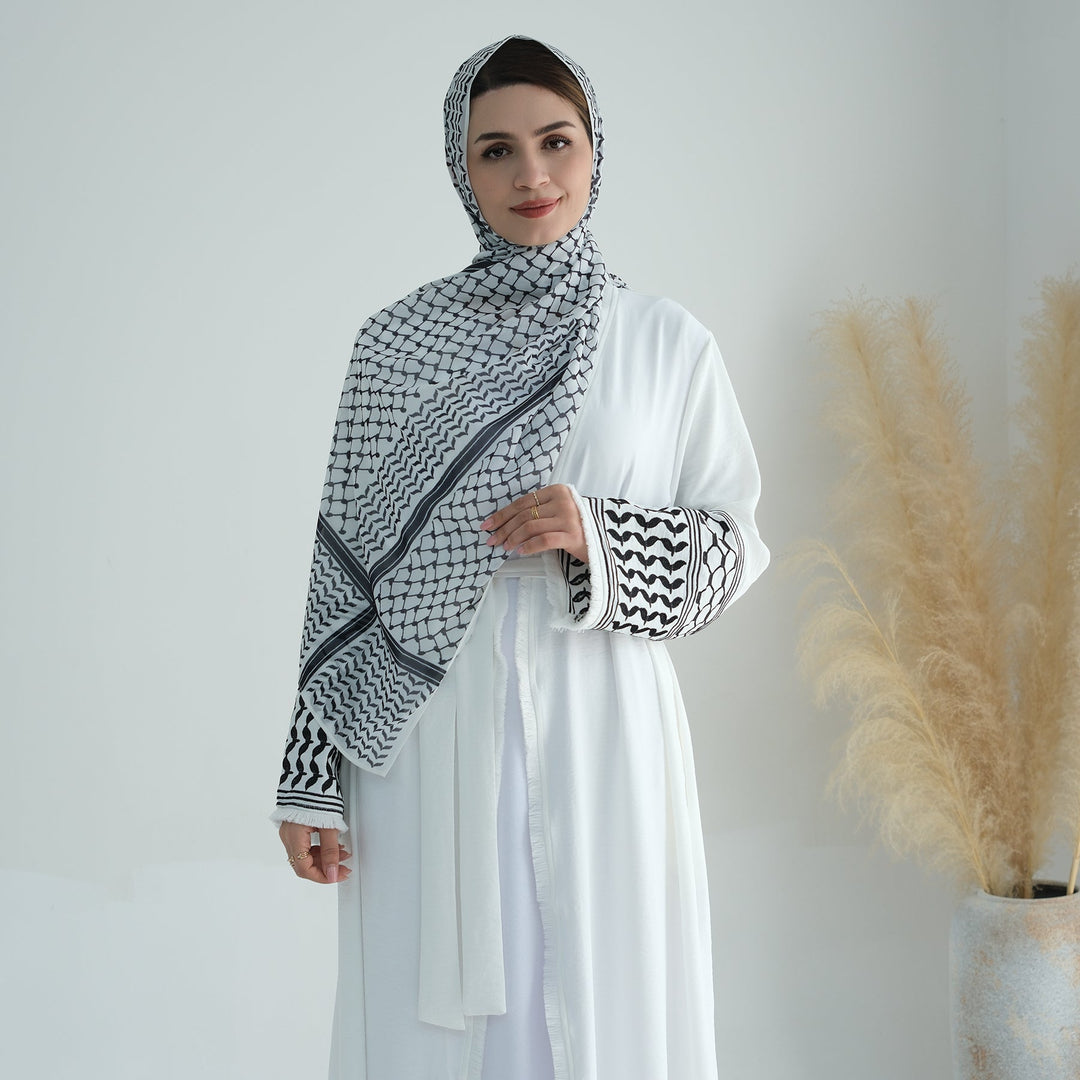 Get trendy with Kufiya Open Abaya Set - White - Cardigan available at Voilee NY. Grab yours for $64.90 today!