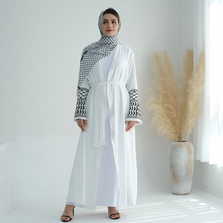 Get trendy with Kufiya Open Abaya Set - White - Cardigan available at Voilee NY. Grab yours for $64.90 today!