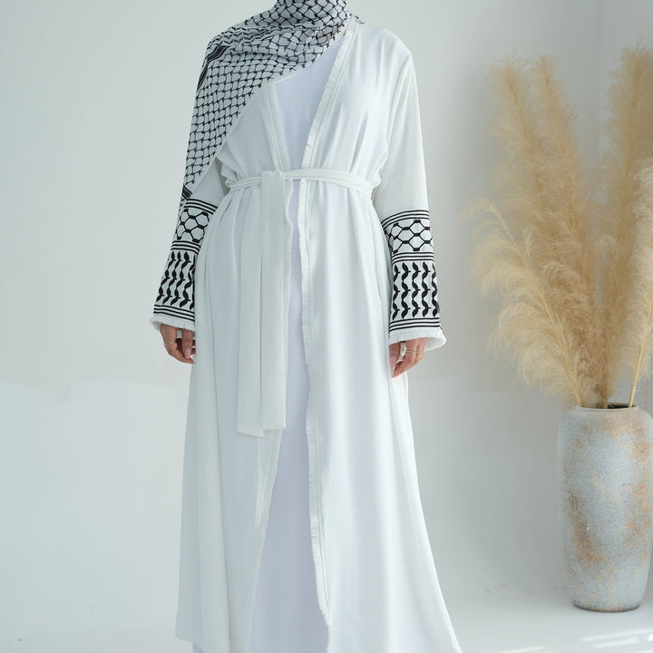 Get trendy with Kufiya Open Abaya Set - White - Cardigan available at Voilee NY. Grab yours for $64.90 today!