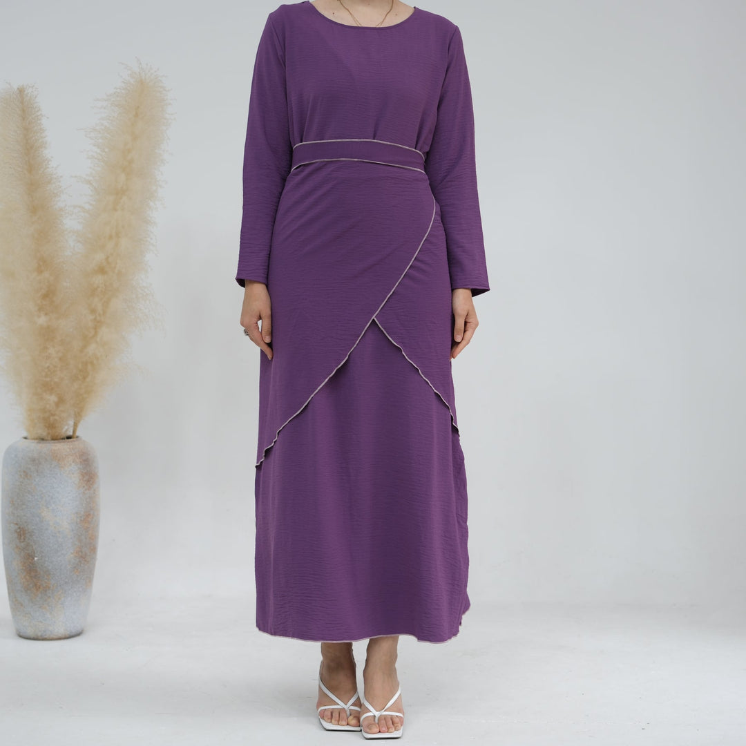 Get trendy with Nadia 4-piece Abaya Set - Purple - Dresses available at Voilee NY. Grab yours for $84.90 today!