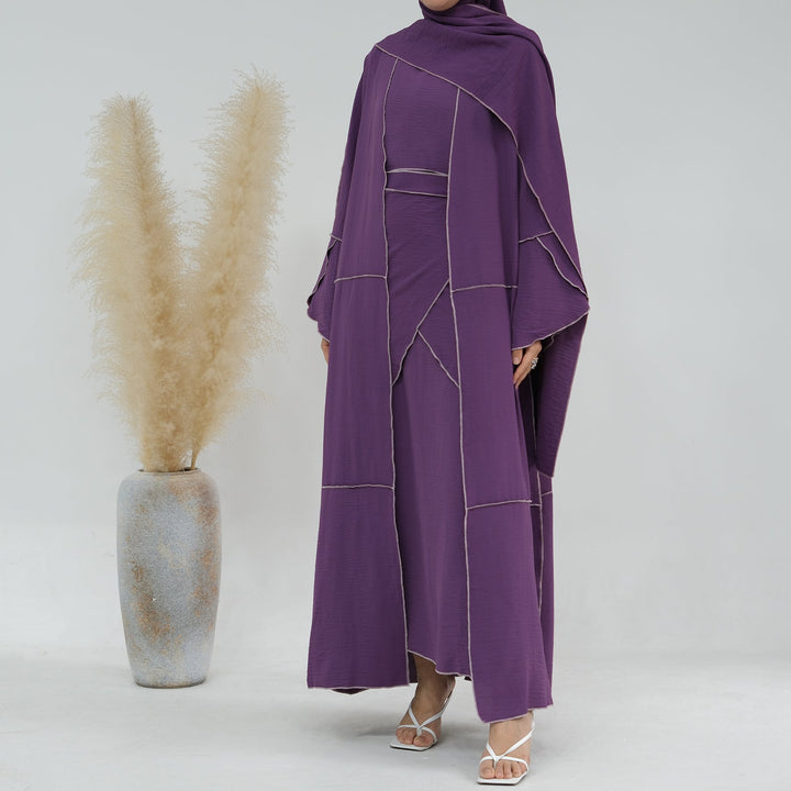 Get trendy with Nadia 4-piece Abaya Set - Purple - Dresses available at Voilee NY. Grab yours for $84.90 today!
