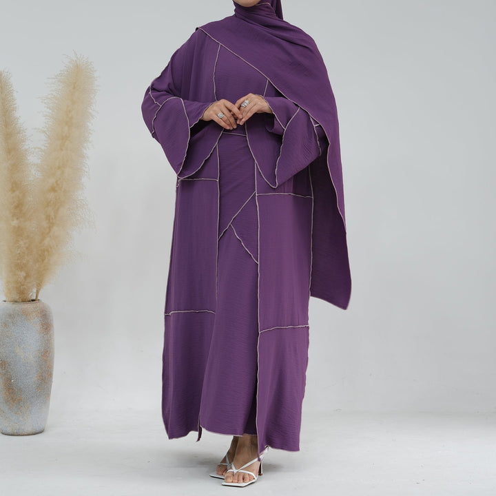 Get trendy with Nadia 4-piece Abaya Set - Purple - Dresses available at Voilee NY. Grab yours for $84.90 today!