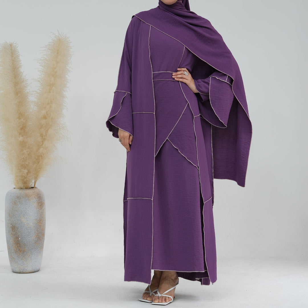 Get trendy with Nadia 4-piece Abaya Set - Purple - Dresses available at Voilee NY. Grab yours for $84.90 today!