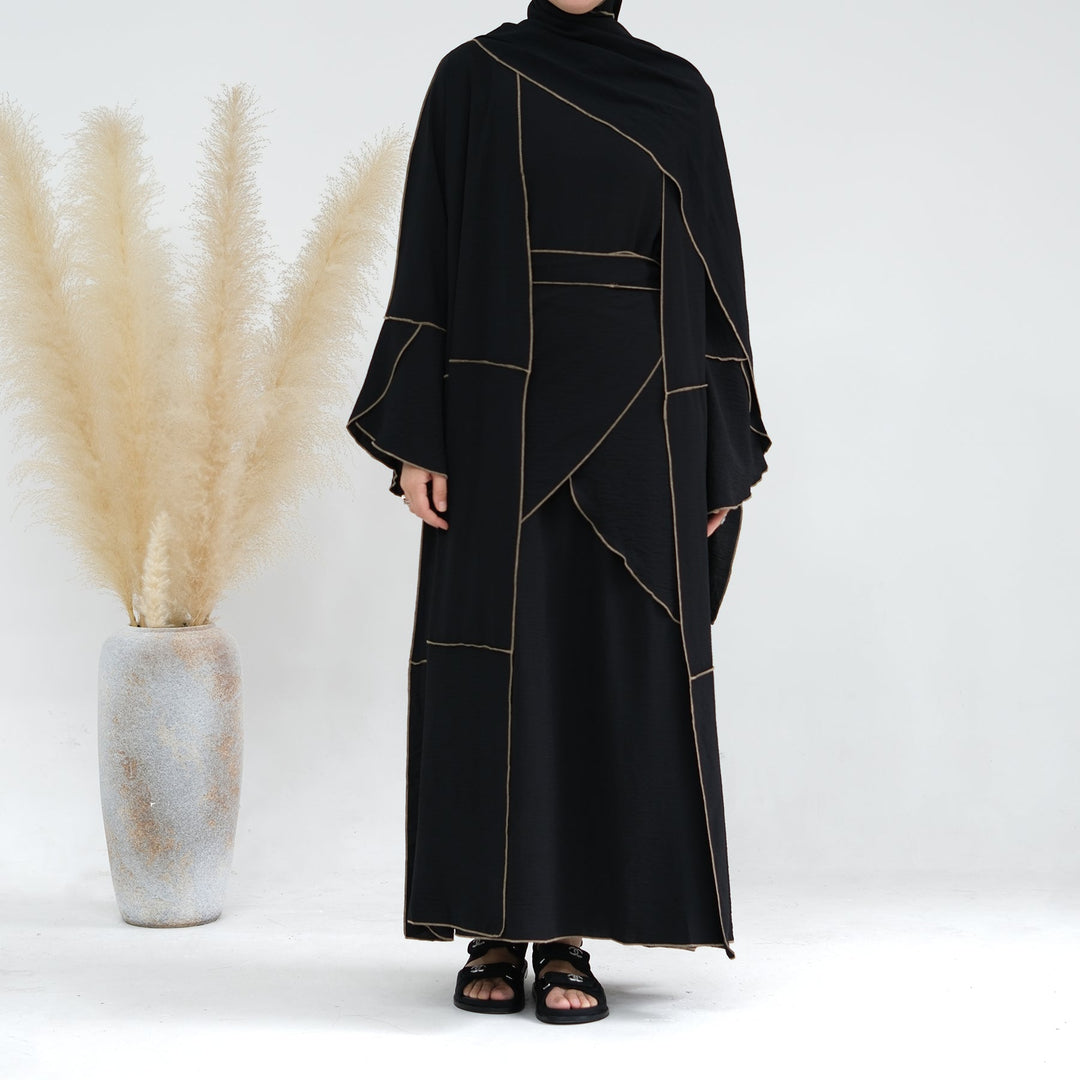 Get trendy with Nadia 4-piece Abaya Set - Black - Dresses available at Voilee NY. Grab yours for $84.90 today!