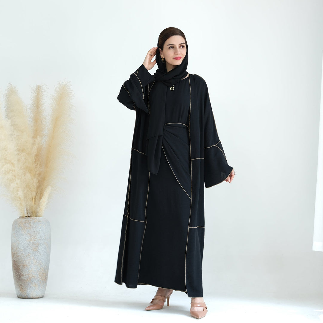 Get trendy with Nadia 4-piece Abaya Set - Black - Dresses available at Voilee NY. Grab yours for $84.90 today!