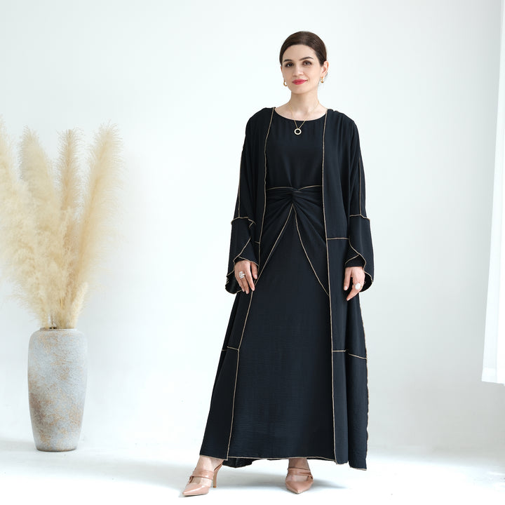 Get trendy with Nadia 4-piece Abaya Set - Black - Dresses available at Voilee NY. Grab yours for $84.90 today!