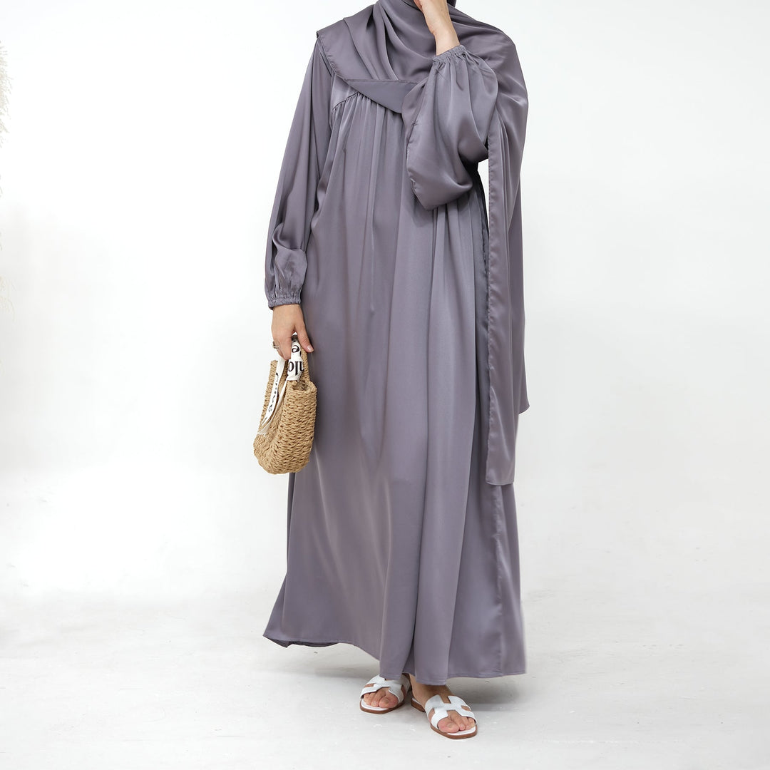 Get trendy with Amelia Satin Abaya Set - Silver - Dresses available at Voilee NY. Grab yours for $64.99 today!