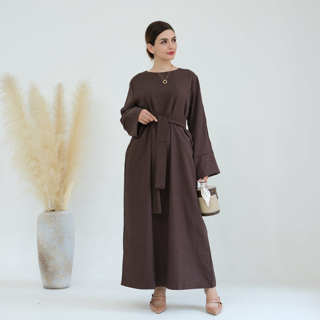 Get trendy with Liliana Cold Weather Abaya Dress - Brown - Dresses available at Voilee NY. Grab yours for $44.90 today!
