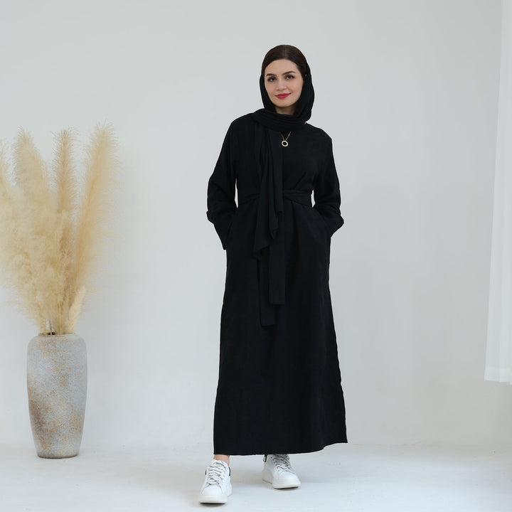Get trendy with Liliana Cold Weather Abaya Dress - Black - Dresses available at Voilee NY. Grab yours for $44.90 today!