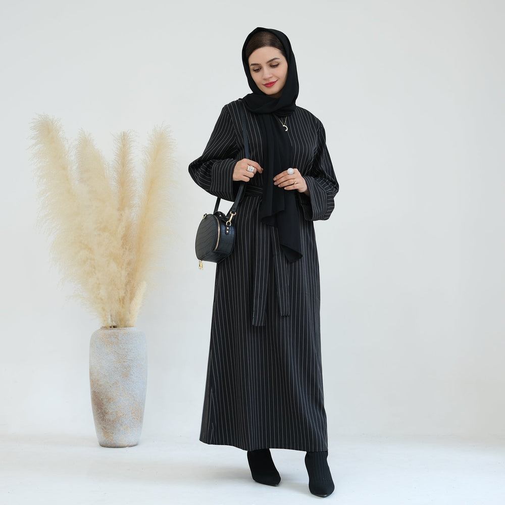 Janine Stripe Long Sleeve Belted Maxi Dress - Black Dresses from Voilee NY