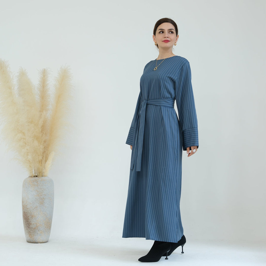 Get trendy with Janine Stripe Long Sleeve Belted Maxi Dress - Blue - Dresses available at Voilee NY. Grab yours for $44.90 today!