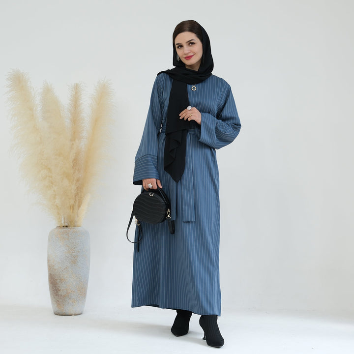 Get trendy with Janine Stripe Long Sleeve Belted Maxi Dress - Blue - Dresses available at Voilee NY. Grab yours for $44.90 today!