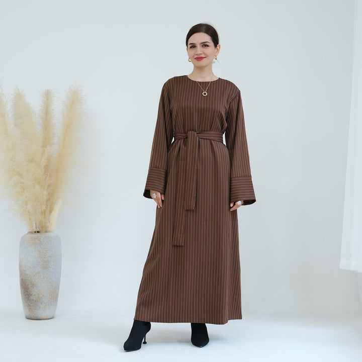 Get trendy with Janine Stripe Long Sleeve Belted Maxi Dress - Brown - Dresses available at Voilee NY. Grab yours for $44.90 today!