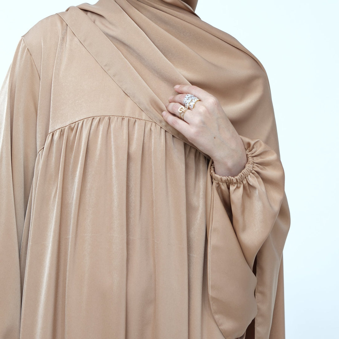 Get trendy with Amelia Satin Abaya Set - Camel - Dresses available at Voilee NY. Grab yours for $64.99 today!