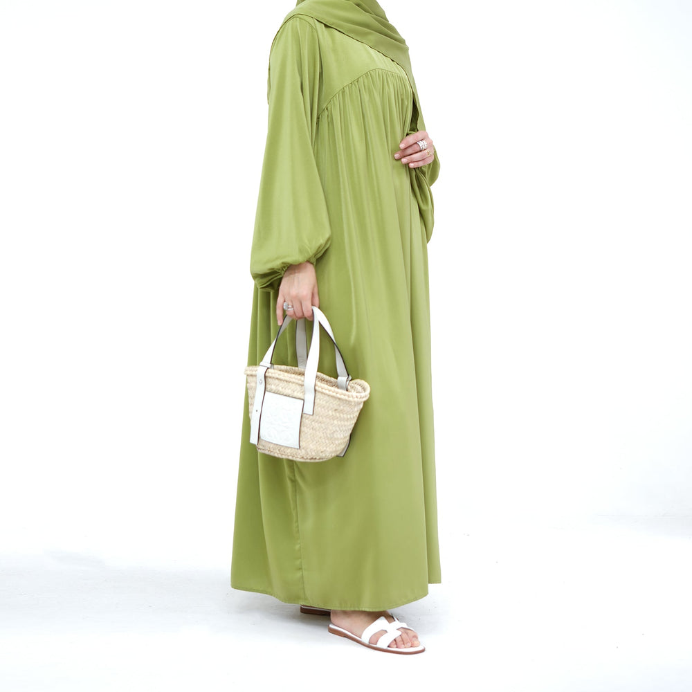 Get trendy with Amelia Satin Abaya Set - Pistachio - Dresses available at Voilee NY. Grab yours for $64.99 today!