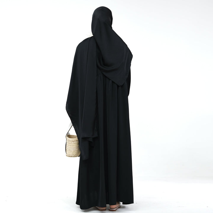Get trendy with Amelia Satin Abaya Set - Black - Dresses available at Voilee NY. Grab yours for $64.99 today!
