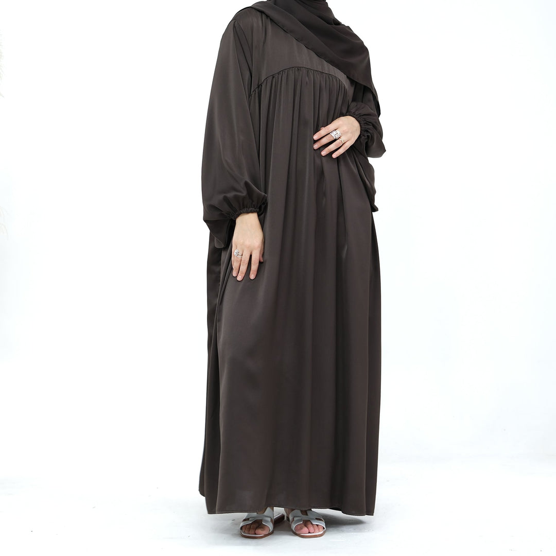Get trendy with Amelia Satin Abaya Set - Ash - Dresses available at Voilee NY. Grab yours for $64.99 today!