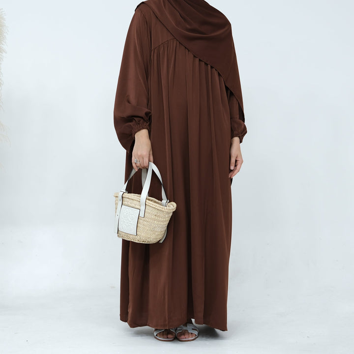 Get trendy with Amelia Satin Abaya Set - Brown - Dresses available at Voilee NY. Grab yours for $64.99 today!