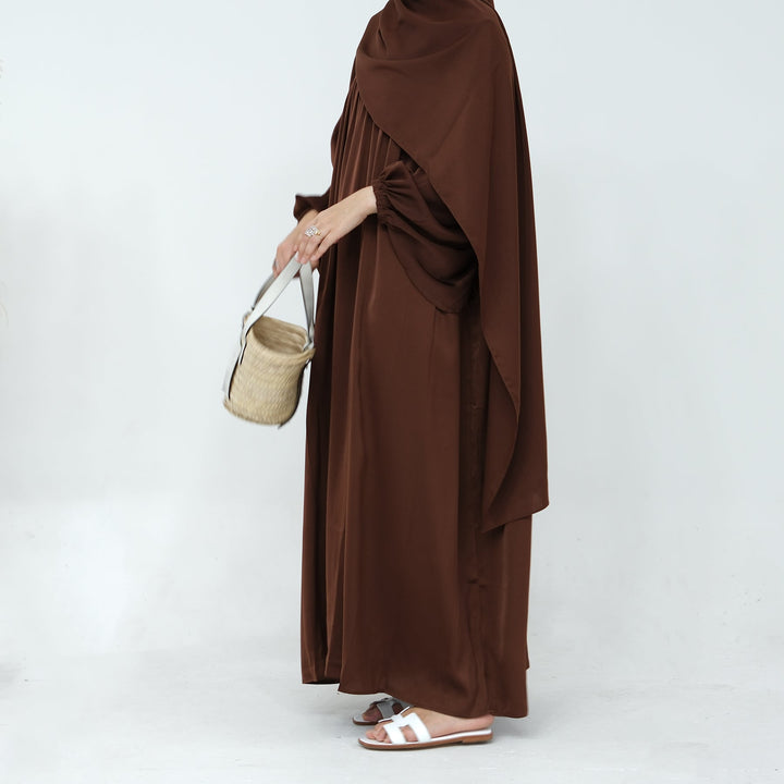 Get trendy with Amelia Satin Abaya Set - Brown - Dresses available at Voilee NY. Grab yours for $64.99 today!