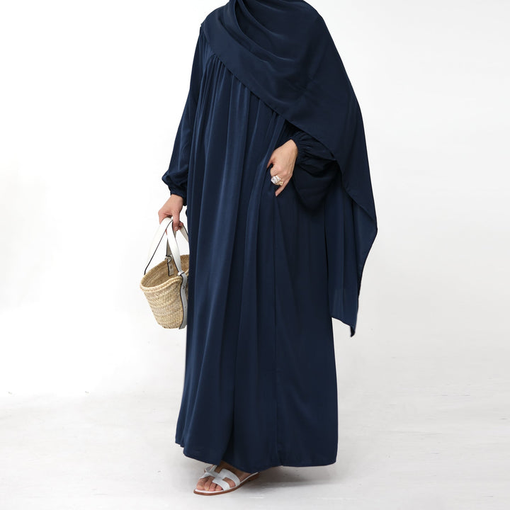 Get trendy with Amelia Satin Abaya Set - Navy - Dresses available at Voilee NY. Grab yours for $64.99 today!