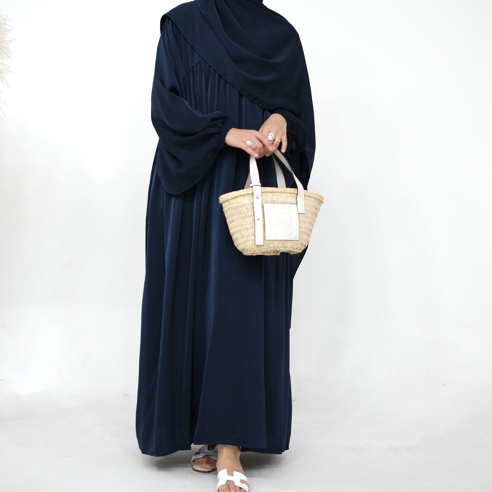 Get trendy with Amelia Satin Abaya Set - Navy - Dresses available at Voilee NY. Grab yours for $64.99 today!