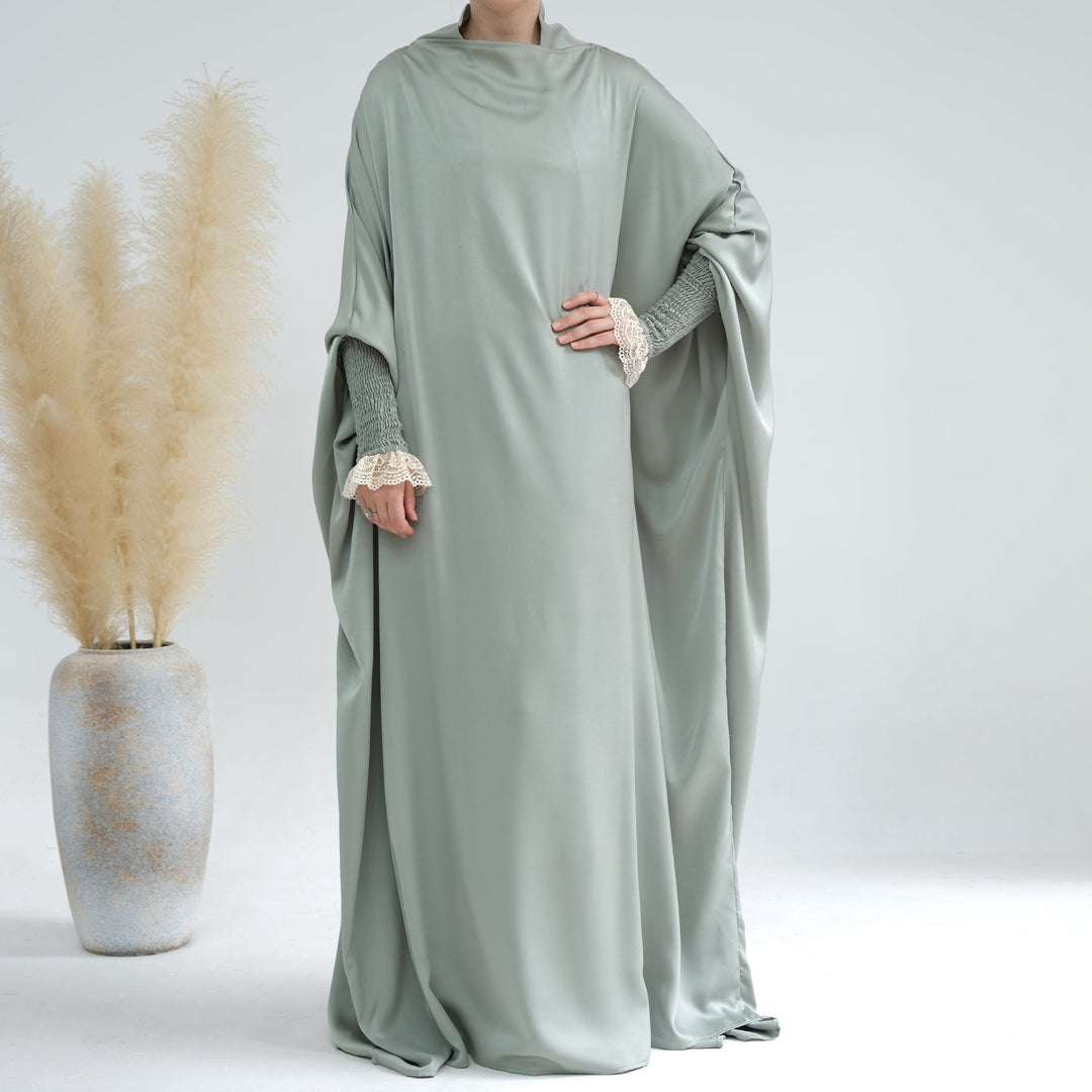 Get trendy with Marwa Satin Jilbab - Sage - Dresses available at Voilee NY. Grab yours for $44.99 today!