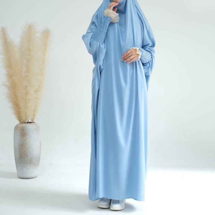 Get trendy with Marwa Satin Jilbab - Blue - Dresses available at Voilee NY. Grab yours for $44.99 today!