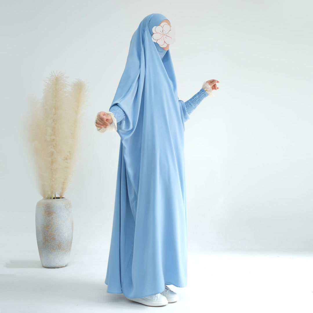 Get trendy with Marwa Satin Jilbab - Blue - Dresses available at Voilee NY. Grab yours for $44.99 today!