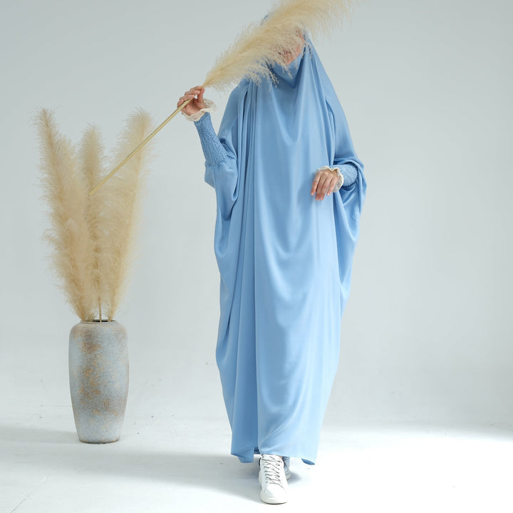 Get trendy with Marwa Satin Jilbab - Blue - Dresses available at Voilee NY. Grab yours for $44.99 today!