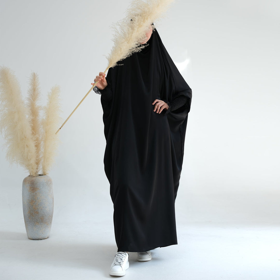 Get trendy with Marwa Satin Jilbab - Black - Dresses available at Voilee NY. Grab yours for $44.99 today!