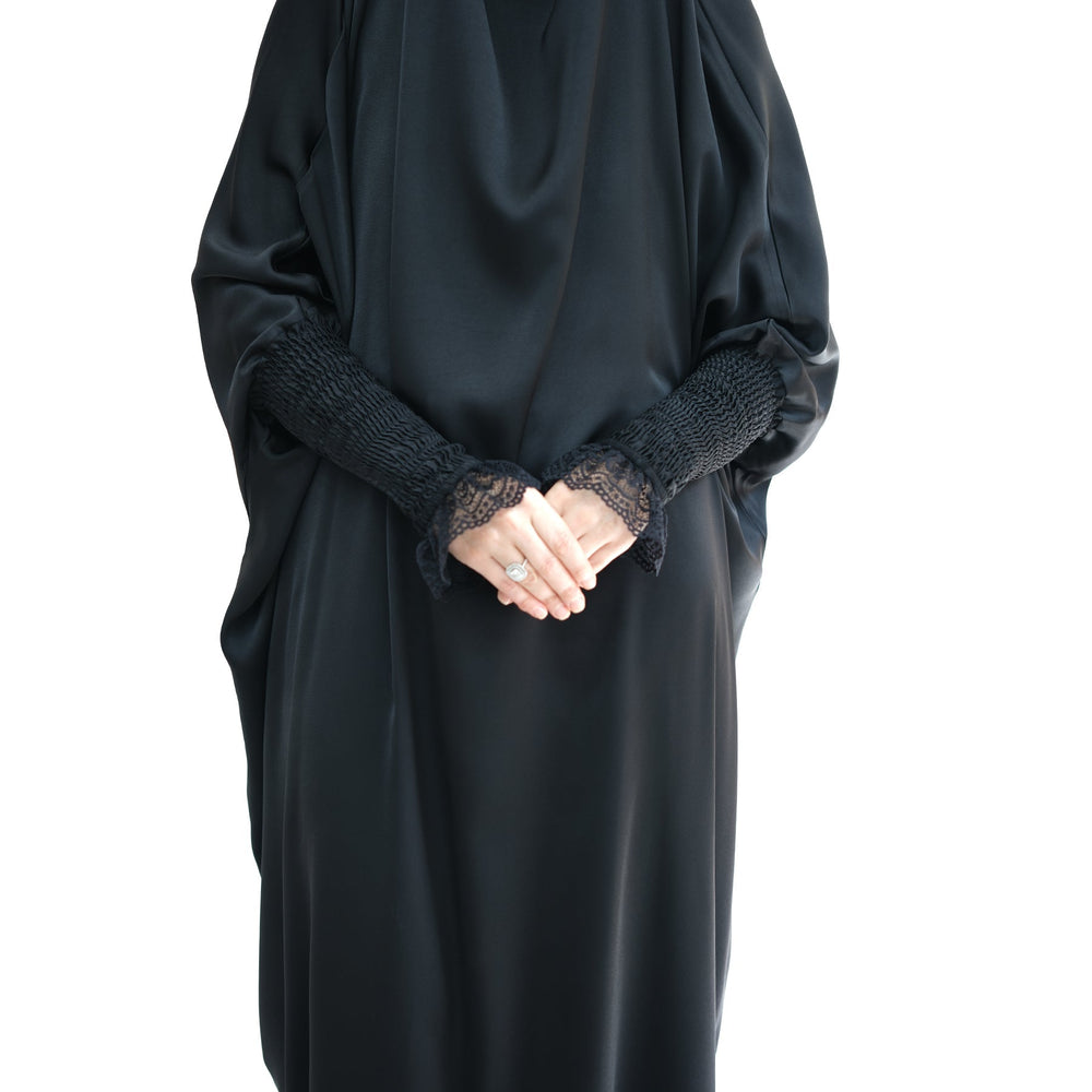 Get trendy with Marwa Satin Jilbab - Black - Dresses available at Voilee NY. Grab yours for $44.99 today!