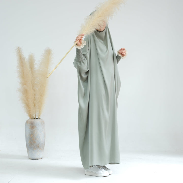 Get trendy with Marwa Satin Jilbab - Sage - Dresses available at Voilee NY. Grab yours for $44.99 today!