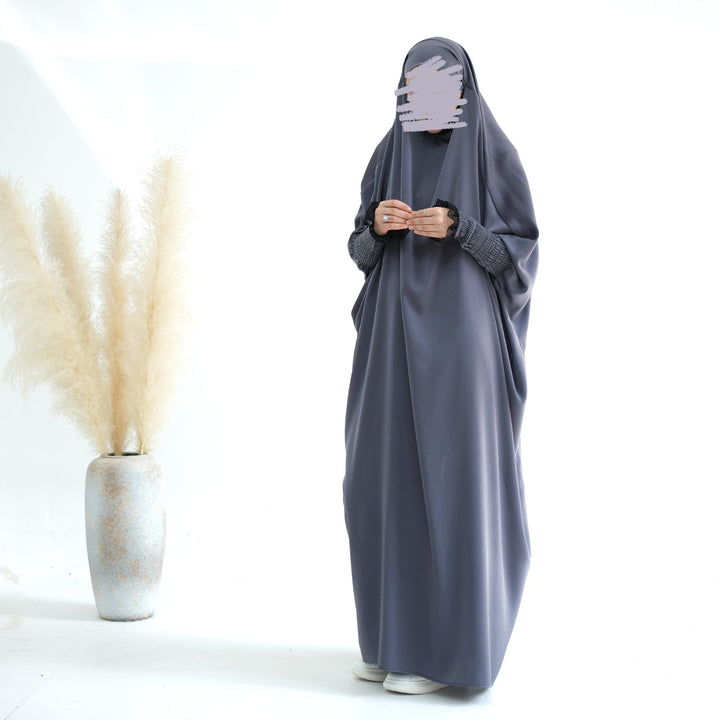 Get trendy with Marwa Satin Jilbab - Slate - Dresses available at Voilee NY. Grab yours for $44.99 today!