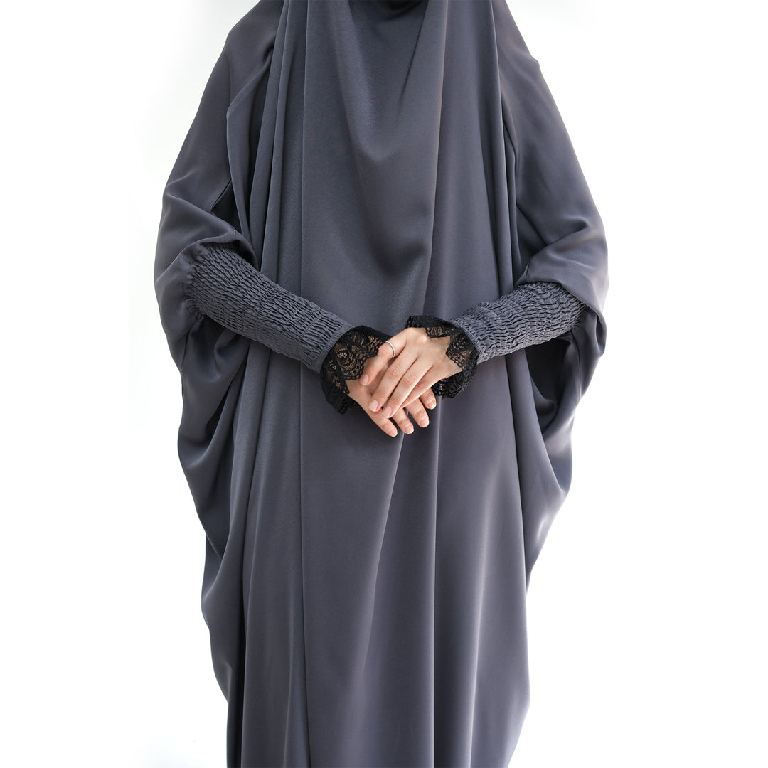 Get trendy with Marwa Satin Jilbab - Slate - Dresses available at Voilee NY. Grab yours for $44.99 today!