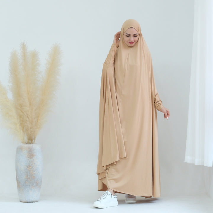 Get trendy with Awra Cape Hijab Combo - Camel - Dresses available at Voilee NY. Grab yours for $54.90 today!