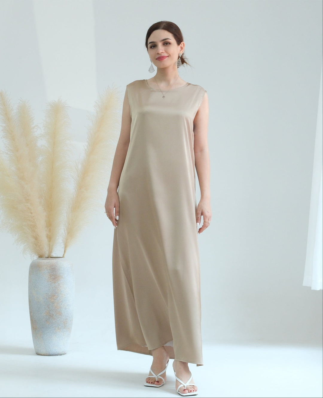 Get trendy with Satin Slip Dress - Beige - Dresses available at Voilee NY. Grab yours for $32.90 today!