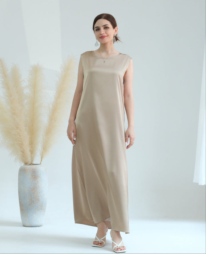 Get trendy with Satin Slip Dress - Beige - Dresses available at Voilee NY. Grab yours for $32.90 today!