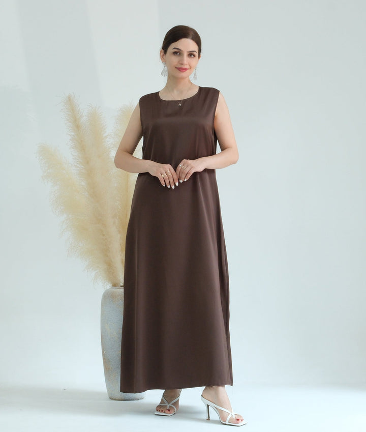 Get trendy with Satin Slip Dress - Brown - Dresses available at Voilee NY. Grab yours for $32.90 today!